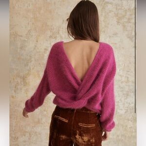 NEW Garance Paris Twist Open-Back Knotted Kiwi Pull Angora Wool Slouchy Sweater